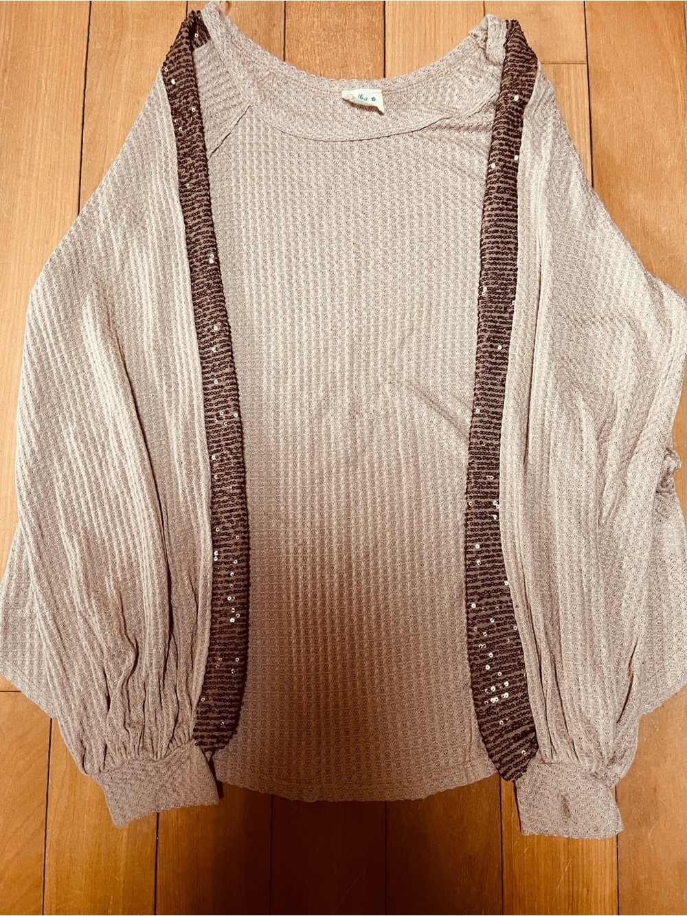 Blue Buttercup Taupe with sequin sleeves